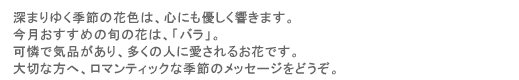 �[�܂�䂭�G�߂̉ԐF�́A�S�ɂ��D���������܂��B�����������߂̏{�̉Ԃ́A�u�o���v�B���ŋC�i������A�����̐l�Ɉ�����邨�Ԃł��B��؂ȕ��ցA���}���e�B�b�N�ȋG�߂̃��b�Z�[�W���ǂ����B
